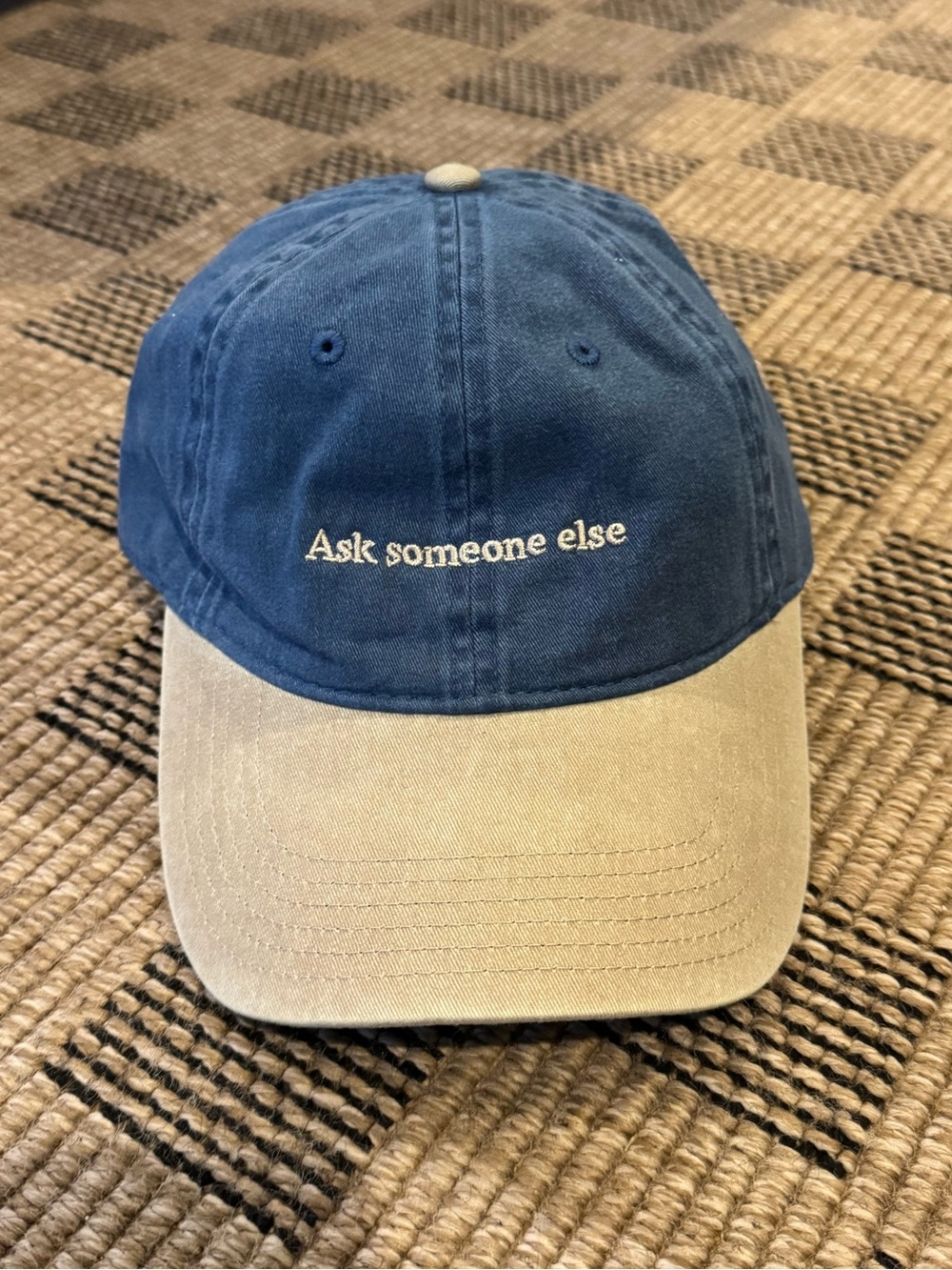 Urban Outfitters Two-Tone Navy and Khaki 'Ask someone else' Baseball Cap
